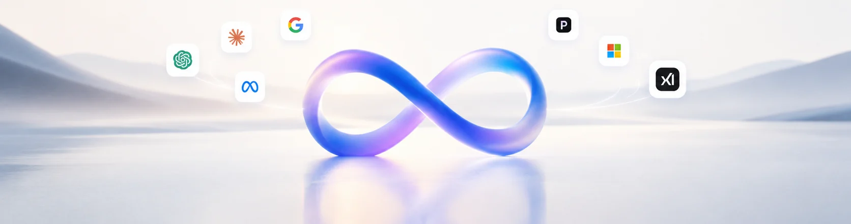 The infinity sign of Infinite Memory, surrounded by the AI apps it brings together: ChatGPT, Claude, Google Gemini, Meta AI, Perplexity, Microsoft Copilot and Grok.